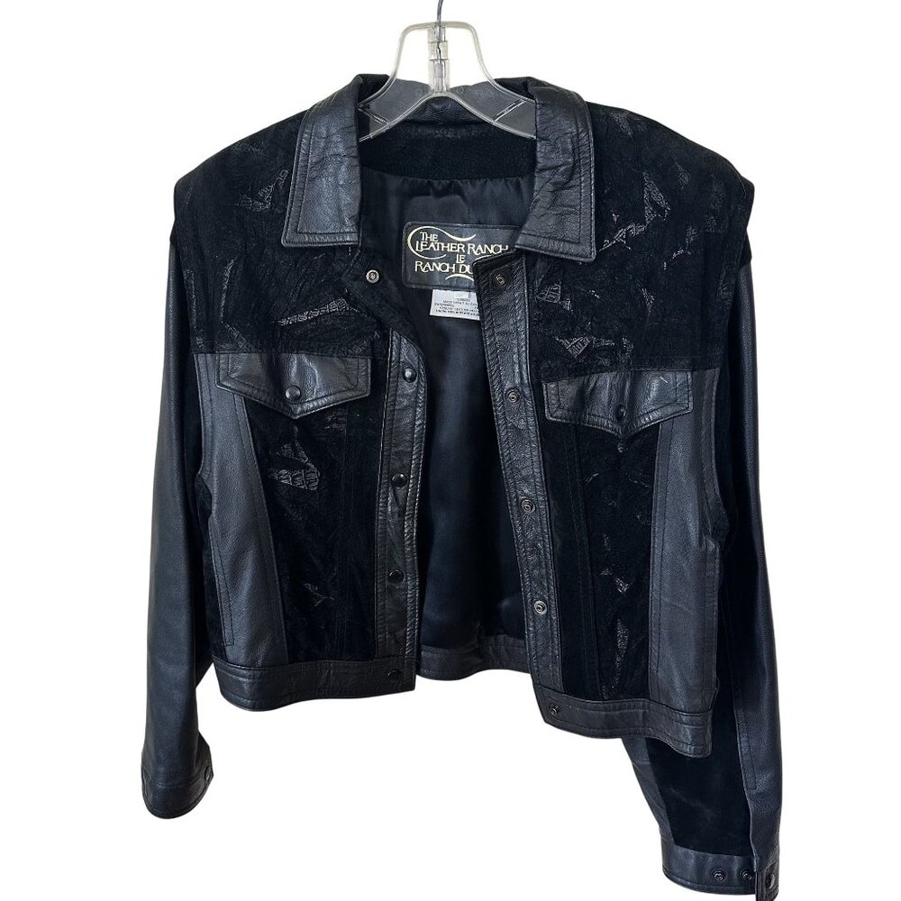 Vtg Leather Ranch Womens Jacket Black Cropped Suede Medium Vest Biker Coat
